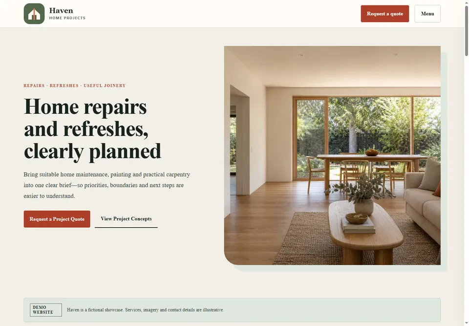 Haven Home Projects home page with a warm living-room image and service-focused introduction