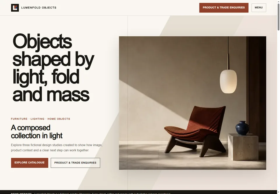 Lumenfold Objects home page with a sculptural chair and editorial catalogue introduction